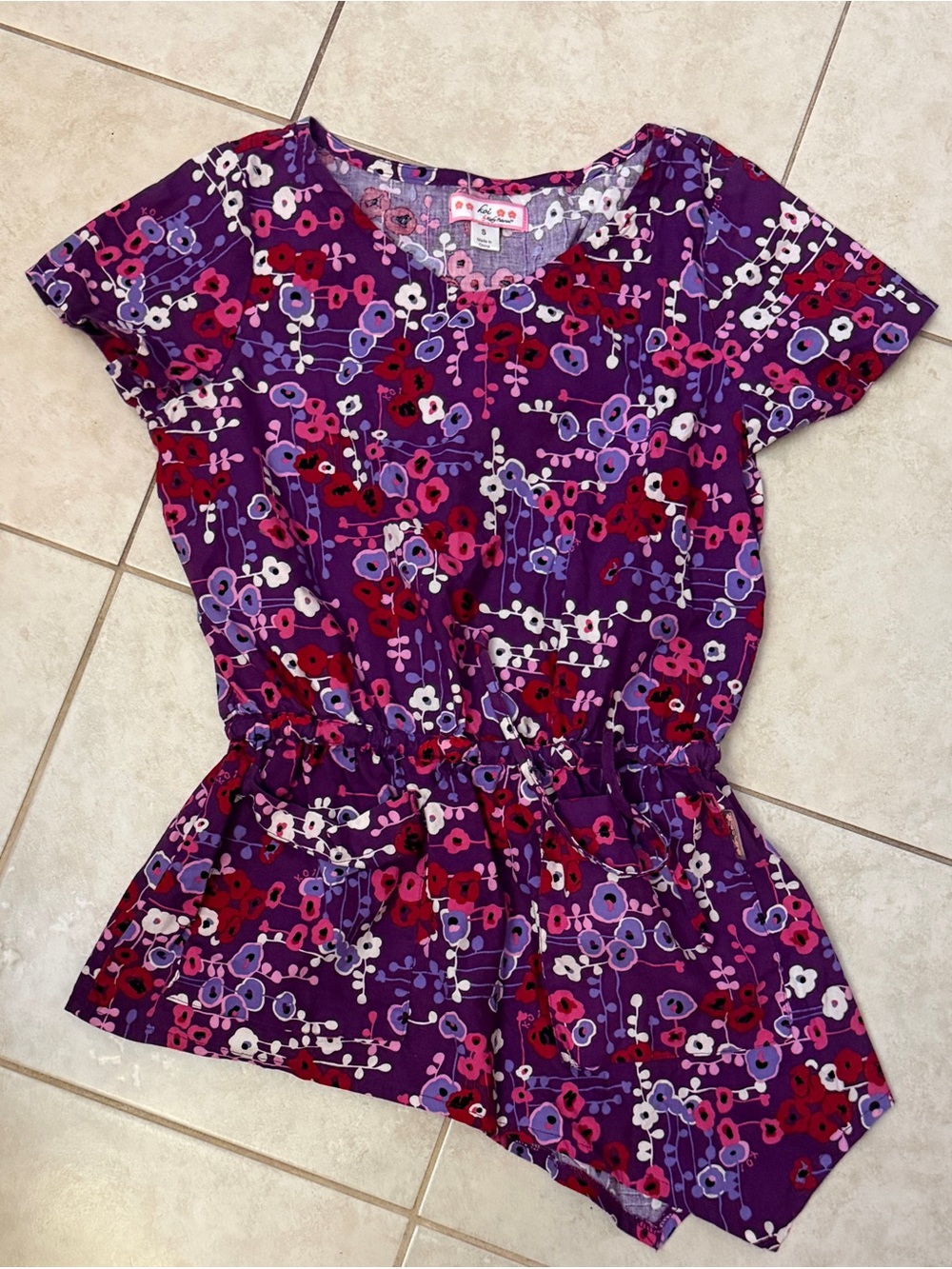 Koi Floral asymmetrical/blouson scrub top